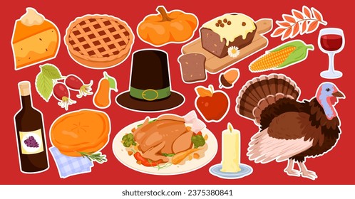 Los stickers del Día de Acción de Gracias configuran la ilustración vectorial. Colección de dibujos animados de parches de otoño con marco blanco sobre fondo rojo, pavo, verduras y fruta para comida de Acción de Gracias, sombrero de peregrino y vela