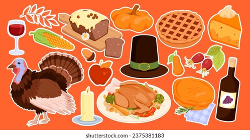 Thanksgiving stickers set vector illustration. Cartoon patches collection of autumn decoration, fall harvest and food and wine elements for traditional Thanksgiving dinner on orange background