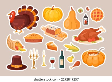 Thanksgiving stickers. Vector icon set of autumn elements with roast turkey, cartoon pumpkin food, wine, candles, pilgrim hat, pie. Happy Thanksgiving day. Harvest festival. Autumn greeting card