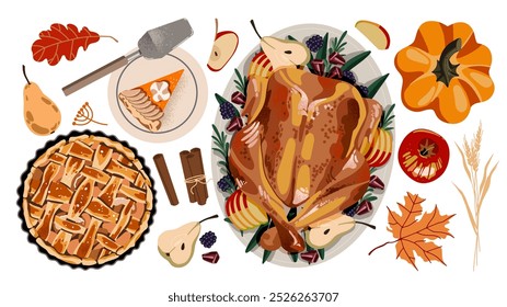 Erntedankaufkleber. Vektor-Set von Herbstelementen mit gebratenem Truthahn, Cartoon-Kürbisfutter, Mais und Kuchen. Alles Gute zum Thanksgiving-Tag. Grußkartendesign im Herbst