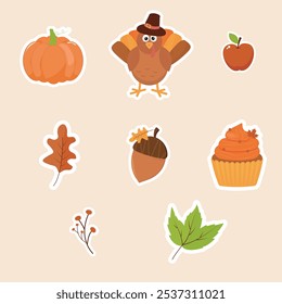 Thanksgiving stickers vector. turkey, pumpkin, acorn.