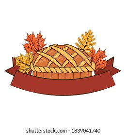 thanksgiving sweet pie delicious with leafs and ribbon frame vector illustration design
