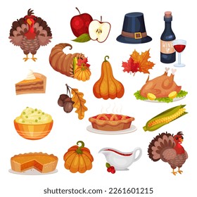 Thanksgiving Symbols and Attribute with Turkey, Pumpkin Pie and Corn Cob Big Vector Set