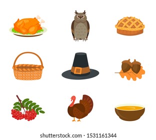 Thanksgiving symbols flat vector illustrations set. Fried turkey, owl and pie. Traditional fall season, autumn holiday attributes. Wicker basket and pilgrim hat. Poultry, viburnum berries and acorn