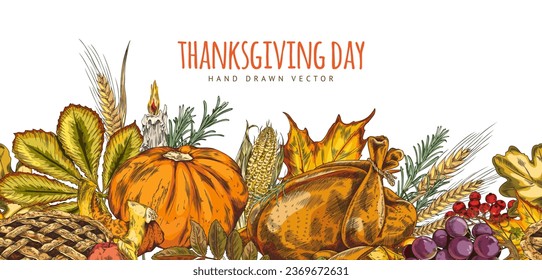 Thanksgiving symbols seamless border. Vintage hand drawn color sketch background for banner, poster, invitation. Vector illustration of roasted turkey, pumpkin, autumn leaves and berries.