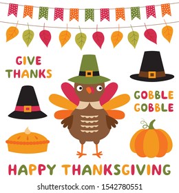 Thanksgiving symbols vector cartoon set (a turkey, a pumpkin, a pie, pilgrim hats)