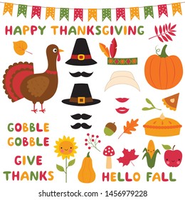 Thanksgiving symbols vector set (a turkey, a pumpkin, pilgrim hats, fall leaves)