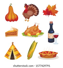 Thanksgiving Symbols Vector Set. Festive Traditional Volume Items Collection