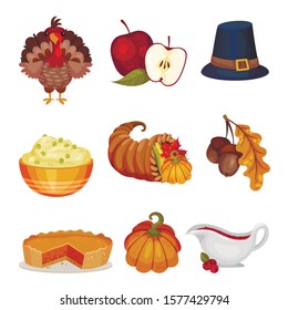 Thanksgiving Symbols Vector Set. Festive Traditional Volume Items Collection