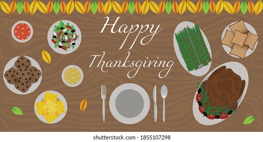 Thanksgiving table concept. Autumn festive dinner with lots of food and leaf decorations. Top view of the table and convenience food with the inscription Happy Thanksgiving. Vector illustration.