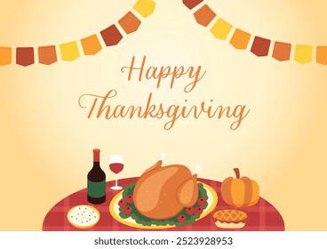 Thanksgiving table dinner and bunting flag on yellow background vector holiday invitation template