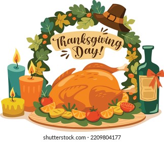 Thanksgiving Table Dinner Vector Illustration