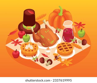 Thanksgiving table isometric composition with traditional american food turkey pie pumpkin cranberries vector illustration