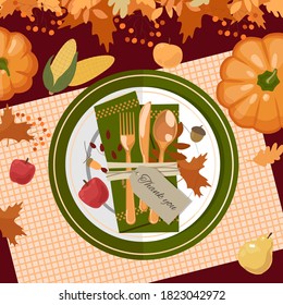 
Thanksgiving table setting. Plates, cutlery, napkins, glasses, decorations, tag, pumpkins, fruits and decor. Autumn leaves and berries. Vector illustration. Top view