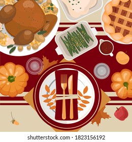 Thanksgiving table setting.
Turkey, pies, potatoes, plates, cutlery, napkins, glasses, pumpkins, fruits and decor. Autumn leaves and berries. Vector illustration. Top view