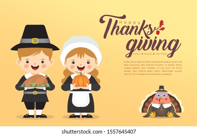 Thanksgiving template or copy space. Cute cartoon pilgrim couple holding pumpkin & roasted turkey with turkey bird isolated on yellow background. Thanksgiving character in flat vector illustration.