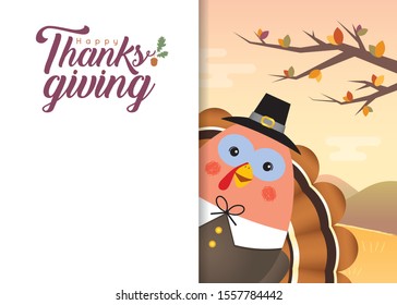 Thanksgiving template or copy space. Cute cartoon pilgrim turkey bird on autumn landscape background. Give thanks flat vector illustration.