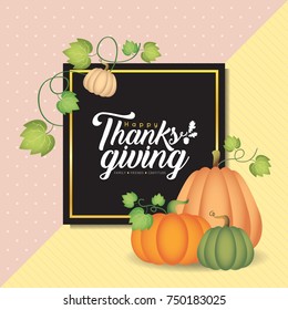 Thanksgiving template design. Vector pumpkins with black square frame and Thanksgiving lettering. Autumn illustration.