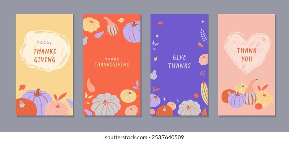 Thanksgiving templates set for Social Media. Vertical banner design with Pumpkins and cozy fall elements. Festive vector illustration for holiday card, story, or promo