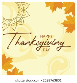 Thanksgiving text with autumn leaves. Bright color background. Thanksgiving concept. Flat vector illustration.