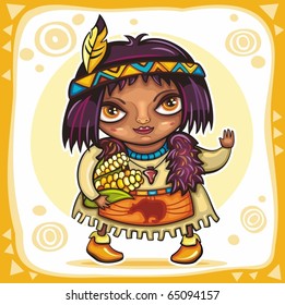 Thanksgiving theme: Cute American Indian girl with corn.