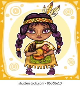 Thanksgiving theme: Cute North American Indian girl with little turkey