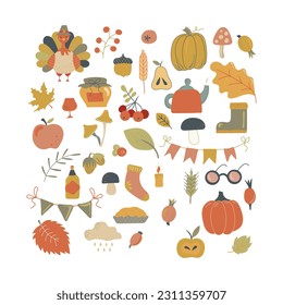 Thanksgiving theme set of items and symbols autumn. Colorful, bright vector handmade . All objects are separated. Vector illustration