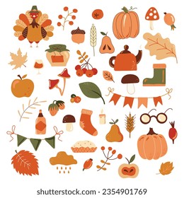 Thanksgiving theme set of items and symbols autumn. Colorful, bright vector handmade . All objects are separated. Vector illustration