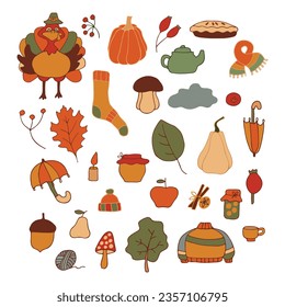 Thanksgiving theme set of items and symbols autumn. Colorful, bright vector handmade . All objects are separated. Vector illustration