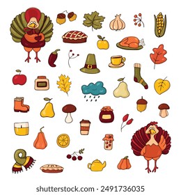 Thanksgiving theme set of items and symbols autumn. Colorful, bright vector handmade . All objects are separated. Vector illustration