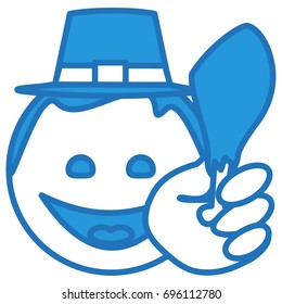 thanksgiving themed emoji with a happy smiling pilgrim in a hat holding a turkey leg, funny cartoon character with simplistic facial expression, simple hand drawn circle shaped emoticon, eps 10