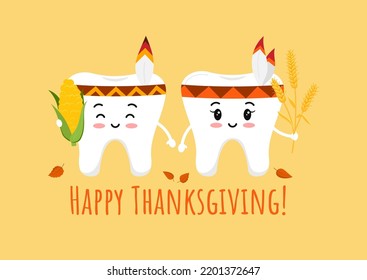 Thanksgiving tooth boy and girl in indian feather headband with corn and wheat ear in hand. White teeth in native american carnival costume dental character. Flat design cartoon vector illustration.