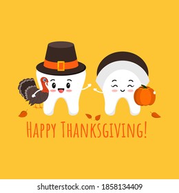 Thanksgiving tooth boy and girl in pilgrim hat with pumpkin and turkey in hand. White teeth in carnival costume - dental character for dentist card. Flat design cartoon style vector illustration.  