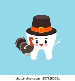 Thanksgiving tooth boy in pilgrim hat with turkey in hand. White teeth in carnival costume - dental character for harvesting thanksgiving day dentist card. Flat design cartoon vector illustration.  