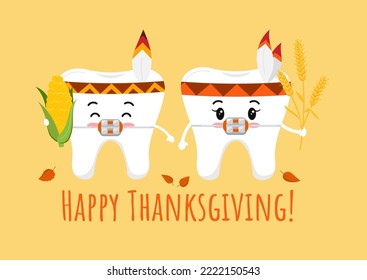 Thanksgiving tooth in braces in indian feather headband with corn and wheat ear in hand. White teeth in native american carnival costume dental character. Flat design cartoon vector illustration.