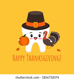 Thanksgiving tooth in pilgrim hat with pumpkin and turkey isolated vector icon. White tooth in carnival costume - dental character for dentist card. Flat design cartoon kawaii style illustration.  