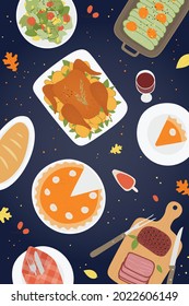 Thanksgiving traditional dinner background with roasted turkey, ham, pumpkin pie, cakes, cookies. Happy Thanksgiving Day poster template. Vector illustration. Top view.