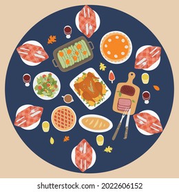 Thanksgiving traditional dinner background with roasted turkey, ham, pumpkin pie, cakes, cookies. Happy Thanksgiving Day poster template. Vector illustration. Round Table Top view.
