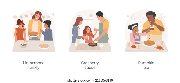 Thanksgiving traditional food isolated cartoon vector illustration set. Cooking homemade turkey, family members preparing cranberry sauce, baking pumpkin pie together, autumn feast vector cartoon.