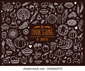 Thanksgiving traditional holiday symbols: pumpkin, turkey, pie, corn and other. Vector hand drawn set for postcard, banner, greeting card, poster.