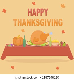 Thanksgiving traditional meals on the festive table. Color illustration and vector.