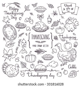 Thanksgiving traditional symbols in doodle style. Collection of hand drawn design elements for greeting card, invitation, poster templates: food and drink, pumpkin pie, turkey, corn, lettering. 