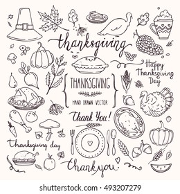 Thanksgiving traditional symbols in doodle style. Collection of cute hand drawn design elements for greeting card, invitation, poster templates: food and drink, pumpkin pie, turkey, corn, lettering.