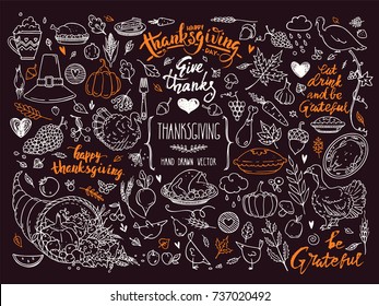 Thanksgiving traditional symbols. Hand drawn design elements, illustrations, handwritten lettering. Vector collection for banner, congratulation card, invitation, poster: pumpkin pie, turkey, corn etc