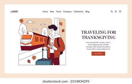 Thanksgiving travel concept. Commuter with suitcase ready to board train for holiday reunion. Seasonal journey, warm autumn colors. Vector illustration.