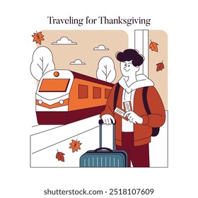 Thanksgiving travel concept. Person with luggage ready to board a train amidst autumn scenery. Holiday journey reunion. Vector illustration.