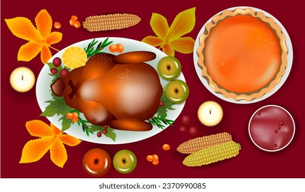 Thanksgiving treats. Turkey, pie and more. Vector illustration