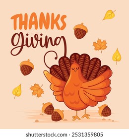 Thanksgiving turkey with acorns and colorful autumn leaves, Vector