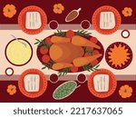 Thanksgiving turkey and another dishes vector flat style table illustration. Thanksgiving menu table top view dishes. Turkey, mashed potatos, beans and pumpkin pie