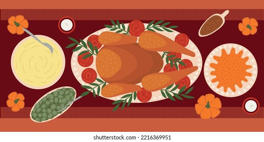 Thanksgiving turkey and another dishes vector flat style table illustration. Thanksgiving menu table top view dishes. Turkey, mashed potatos, beans and pumpkin pie